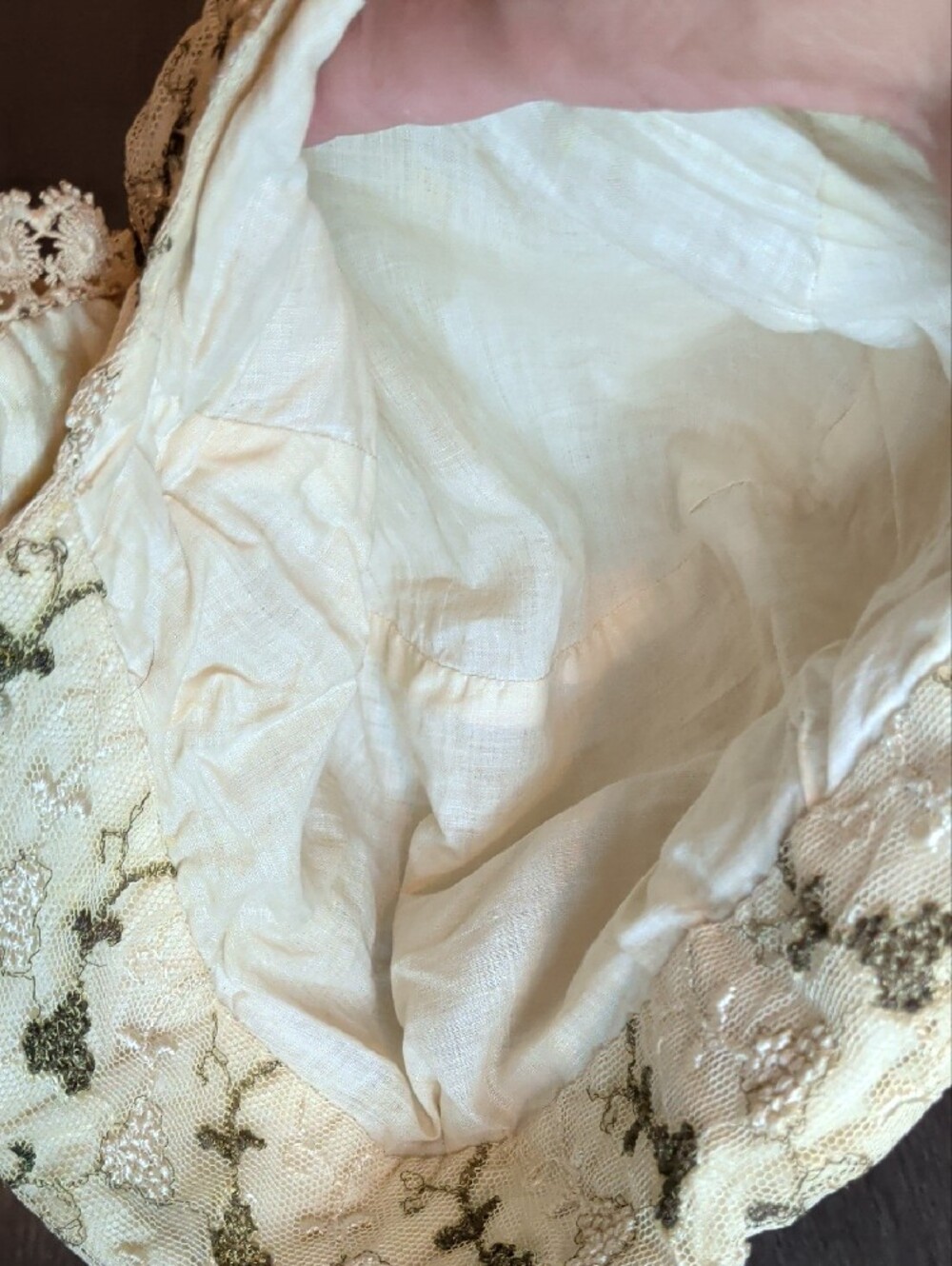 Antique 1920s Lace Boudoir Cap Ivory & Olive Green Floral Rose Accent 20-21" - Picture 11 of 11